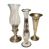 LR - Set of 3 Vintage Sterling and Glass Vases and Candle Holder