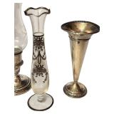 LR - Set of 3 Vintage Sterling and Glass Vases and Candle Holder