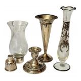LR - Set of 3 Vintage Sterling and Glass Vases and Candle Holder