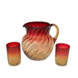 K - Antique Amberina Optic Pattern Glass Pitcher and Two Tumblers
