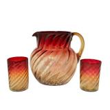 K - Antique Amberina Optic Pattern Glass Pitcher and Two Tumblers