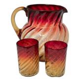 K - Antique Amberina Optic Pattern Glass Pitcher and Two Tumblers