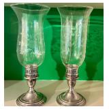 LR - Pair of Vintage International Sterling Weighted Candle Holders with Etched Glass Shades