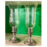 LR - Pair of Vintage International Sterling Weighted Candle Holders with Etched Glass Shades