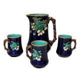 K - Antique Wedgwood Majolica Pitcher and 3 Mugs Set, Circa 1875