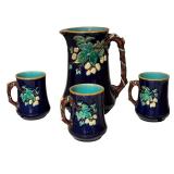K - Antique Wedgwood Majolica Pitcher and 3 Mugs Set, Circa 1875