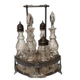 K - Antique Victorian Silverplate Cruet Set with Etched Glass Bottles