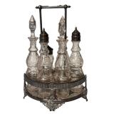 K - Antique Victorian Silverplate Cruet Set with Etched Glass Bottles
