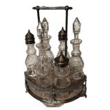 K - Antique Victorian Silverplate Cruet Set with Etched Glass Bottles