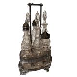 K - Antique Victorian Silverplate Cruet Set with Etched Glass Bottles