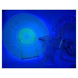 LR - Antique Glassware Collection: Cambridge Rose Candelabra, Chantilly Lace Platter, EAPG Dishes & Creamer