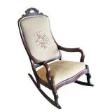 LR - Antique Victorian Wooden Rocking Chair with Embroidered Backrest