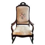 LR - Antique Victorian Wooden Rocking Chair with Embroidered Backrest