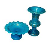 LR - Antique Victorian Blue Opaline Glass Vase and Ruffled Compote Set