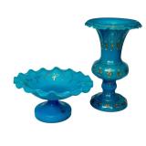 LR - Antique Victorian Blue Opaline Glass Vase and Ruffled Compote Set