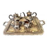 LR - Reed & Barton Regent Silverplate Tea Set with Hand Chased Tray