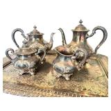 LR - Reed & Barton Regent Silverplate Tea Set with Hand Chased Tray
