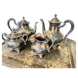 LR - Reed & Barton Regent Silverplate Tea Set with Hand Chased Tray
