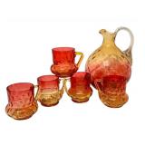 LR - Antique Amberina Glass Pitcher with 5 Matching Handled Glasses