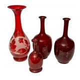LR - Set of 4 Antique Ruby Red Handblown Glass Vases and Bottles