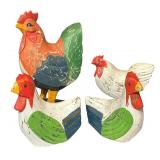 K - Set of 4 Folk Art Wooden Roosters and Bookends