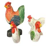 K - Set of 4 Folk Art Wooden Roosters and Bookends
