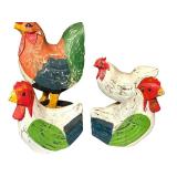 K - Set of 4 Folk Art Wooden Roosters and Bookends