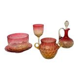 LR - Antique Amberina Glassware Collection with Cruet, Goblet, Bowl and Cup