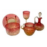 LR - Antique Amberina Glassware Collection with Cruet, Goblet, Bowl and Cup