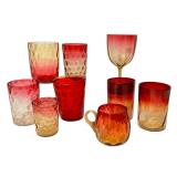 LR - Set of 9 Antique Amberina Glass Goblets and Tumblers Assorted Patterns