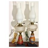 LR - Pair of Vintage Table Lamps with Hand Painted Bases and Frosted Chimneys