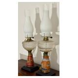 LR - Pair of Vintage Table Lamps with Hand Painted Bases and Frosted Chimneys