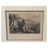 LR - Pair of Antique Colored Etchings: Pont du Gard and Church of Notre Dame, Framed