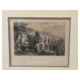 LR - Pair of Antique Colored Etchings: Pont du Gard and Church of Notre Dame, Framed