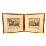 LR - Pair of Antique Colored Etchings: Pont du Gard and Church of Notre Dame, Framed