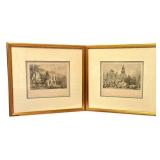 LR - Pair of Antique Colored Etchings: Pont du Gard and Church of Notre Dame, Framed