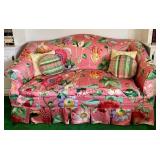 LR - Vintage Floral Sofa with Skirted Base and Accent Pillows