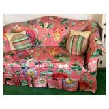 LR - Vintage Floral Sofa with Skirted Base and Accent Pillows