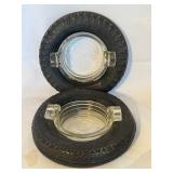 LR - Pair of Vintage Glass Advertising Tire Ashtrays by Firestone The Mark of Quality