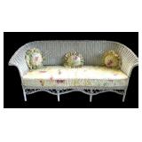 P - Vintage White Wicker Sofa with Two Rocking Chairs and Floral Cushions