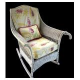 P - Vintage White Wicker Sofa with Two Rocking Chairs and Floral Cushions