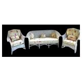 P - Vintage White Wicker Sofa with Two Rocking Chairs and Floral Cushions