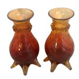 MB - Pair of Antique Hand Blown Amberina Glass Vases with Rigaree