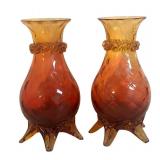 MB - Pair of Antique Hand Blown Amberina Glass Vases with Rigaree