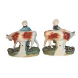 MB - Pair of Vintage Old Staffordshire Ware England Figurines with Cows