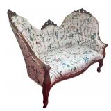 MB - Antique Victorian Sofa with Floral Upholstery and Carved Wood Frame