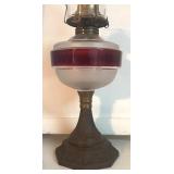 MB - Vintage Oil Lamp with Red Band and Decorative Base