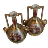 MB - Pair of Vintage Austrian Porcelain Vases with Gilt Handles and Figural Scene
