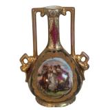MB - Pair of Vintage Austrian Porcelain Vases with Gilt Handles and Figural Scene