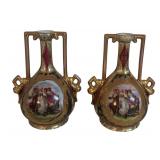 MB - Pair of Vintage Austrian Porcelain Vases with Gilt Handles and Figural Scene